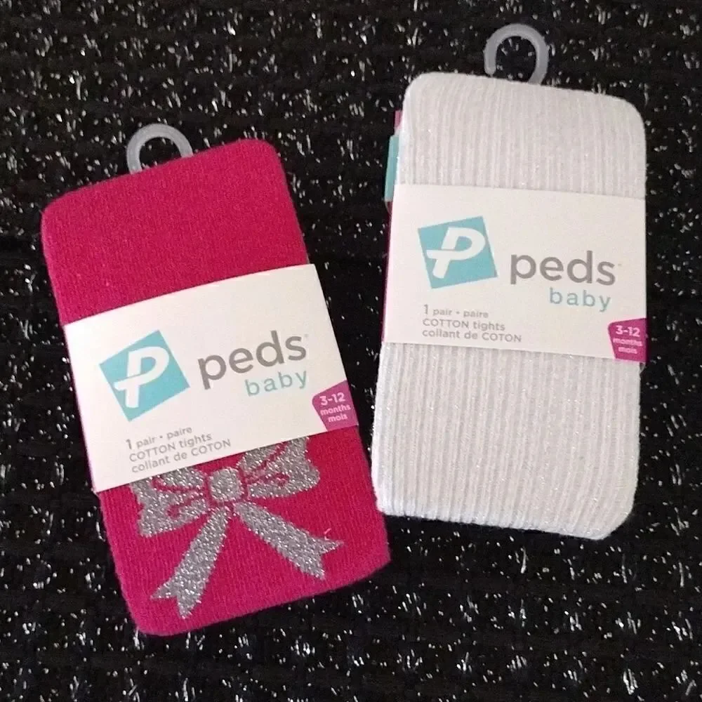 $9💥 Peds Baby 2 Prs Ivory & Pink Sparkly Cotton Tights 3- 12 mnths NWT